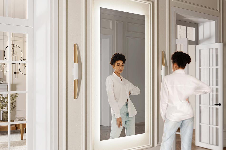 De mest sublime spejle i vores kollektion er glatte, gennemsigtige ruder uden ramme. Spejlets fine former vil bringe lethed til ethvert badeværelse, og du vil skabe en unik atmosfære i dit badeværelse takket være deres dekorative karakter. Den smarte LED-belysning efterlader en glød på væggen, der viser spejlet på en fantastisk måde.