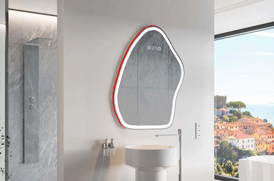 Uregelmæssigt spejl med blødt ambient-belysning til et elegant interiør | ARTFORMA