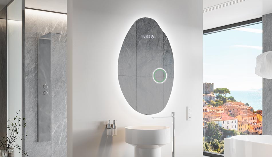 Uregelmæssigt spejl med blødt ambient-belysning til et elegant interiør | ARTFORMA