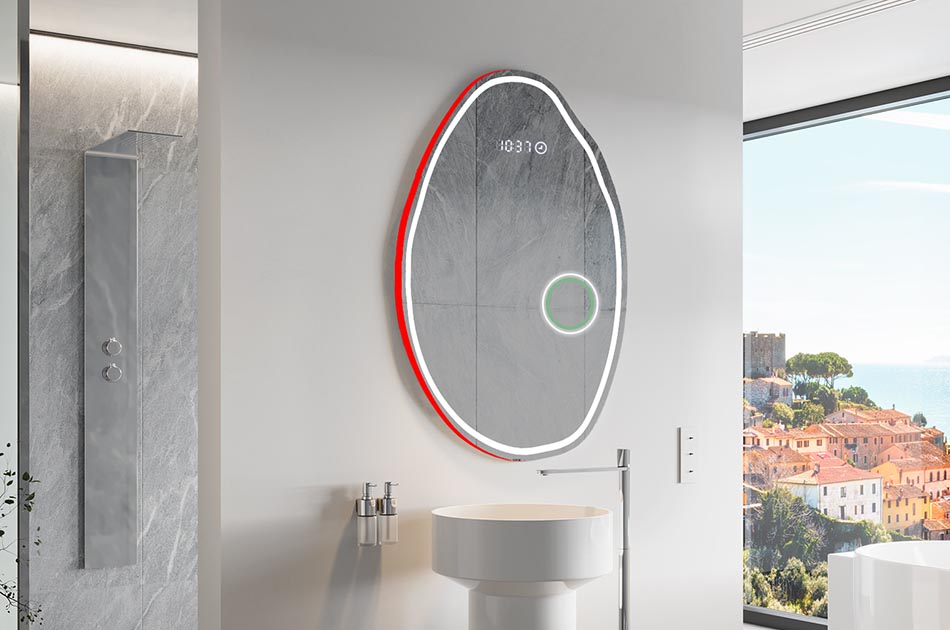 Uregelmæssigt spejl med blødt ambient-belysning til et elegant interiør | ARTFORMA