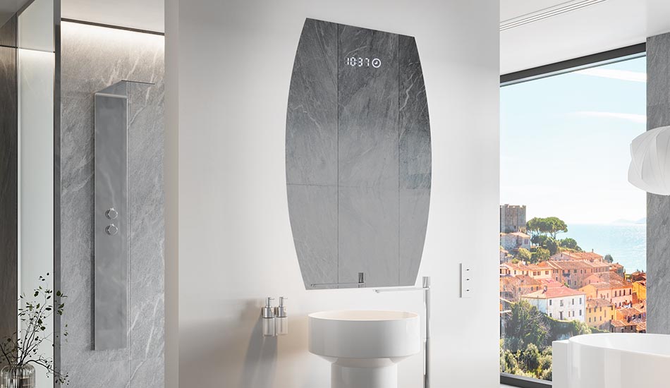 Uregelmæssigt spejl med blødt ambient-belysning til et elegant interiør | ARTFORMA