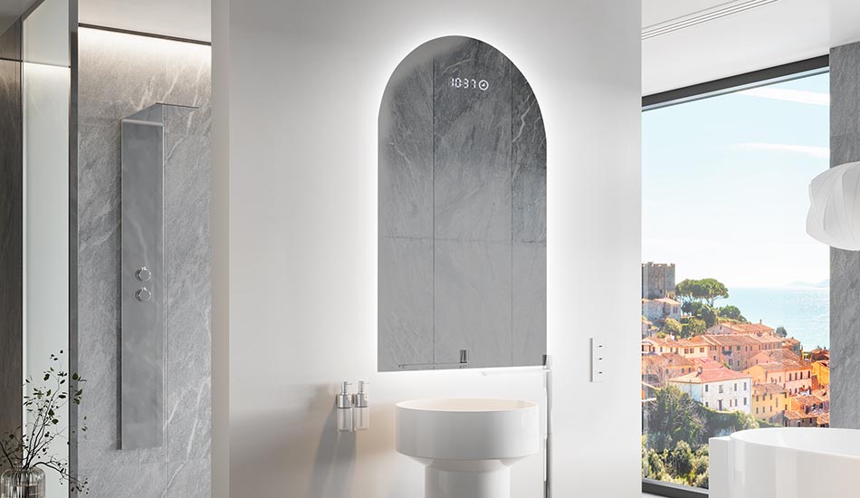 Uregelmæssigt spejl med blødt ambient-belysning til et elegant interiør | ARTFORMA