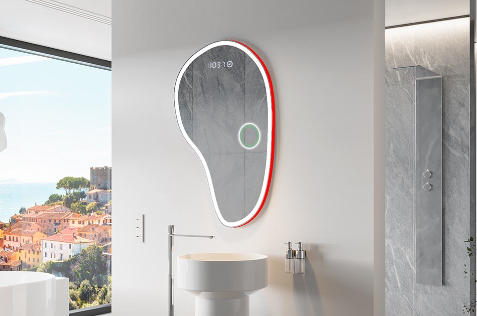 Uregelmæssigt spejl med blødt ambient-belysning til et elegant interiør | ARTFORMA