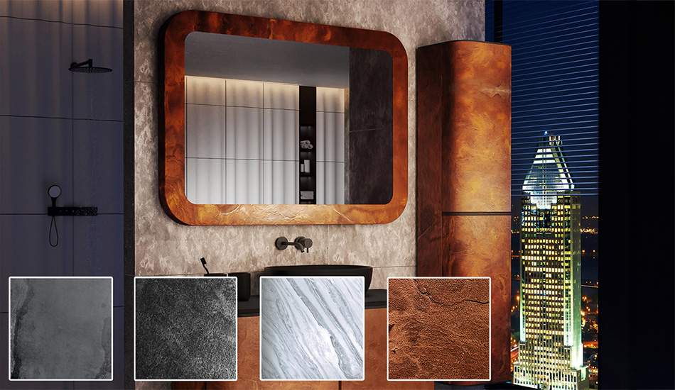 Spejl i ramme med stenlaminat. Naturens kraft