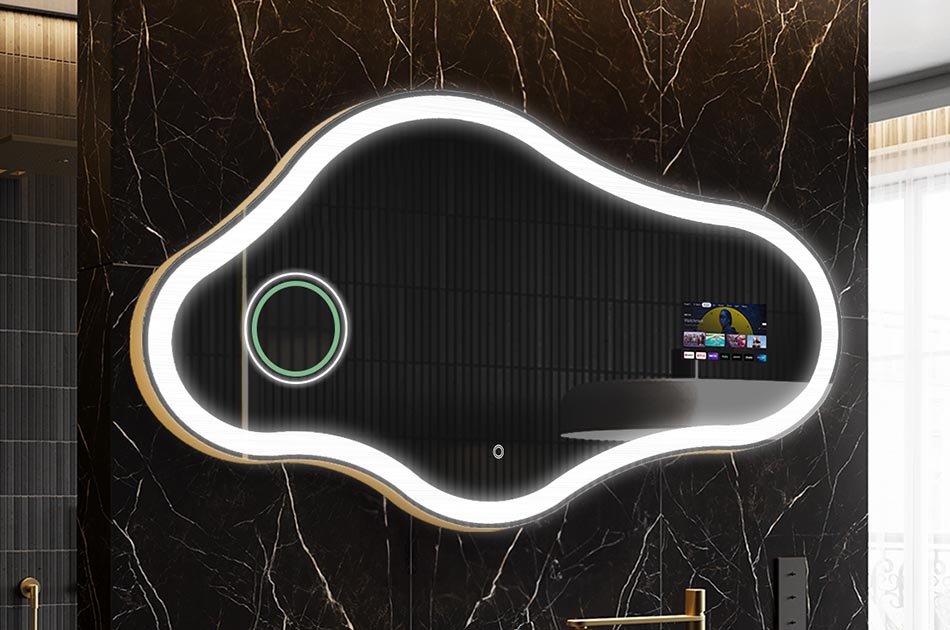 Uregelmæssigt LED-spejl med vejrdisplay og berøringspanel | ARTFORMA