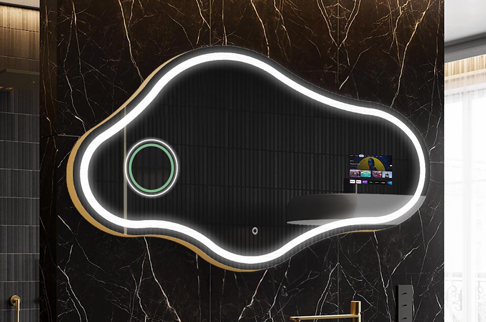 Uregelmæssigt LED-spejl med vejrdisplay og berøringspanel | ARTFORMA