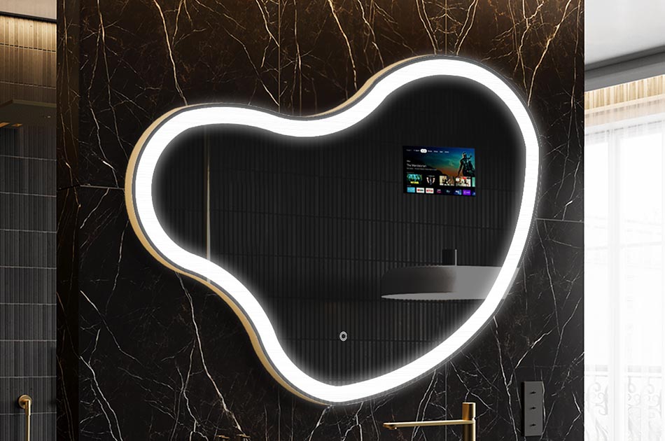 Uregelmæssigt LED-spejl med vejrdisplay og berøringspanel | ARTFORMA