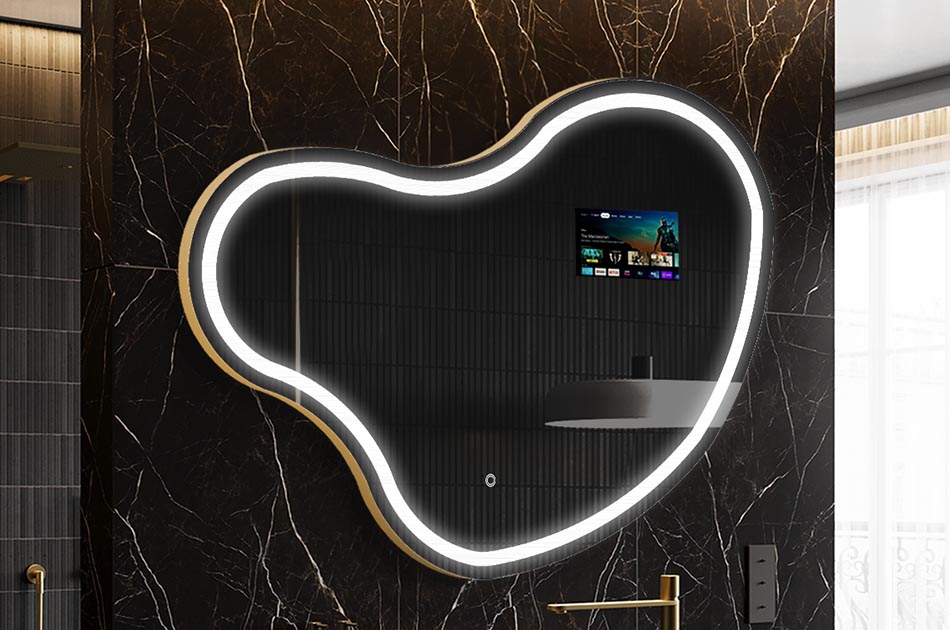 Uregelmæssigt LED-spejl med vejrdisplay og berøringspanel | ARTFORMA