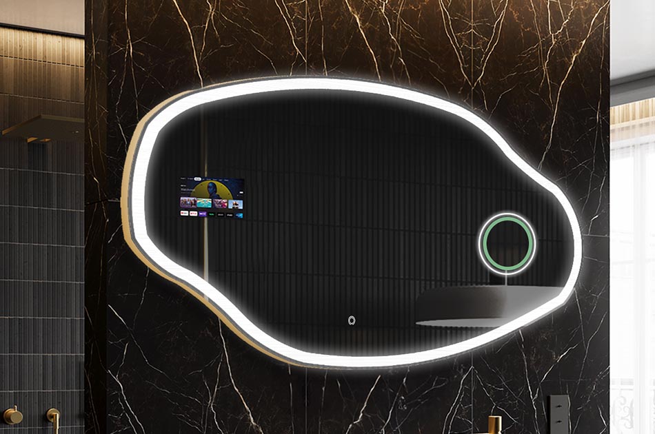 Uregelmæssigt LED-spejl med vejrdisplay og berøringspanel | ARTFORMA