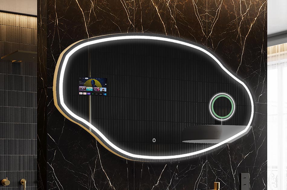 Uregelmæssigt LED-spejl med vejrdisplay og berøringspanel | ARTFORMA