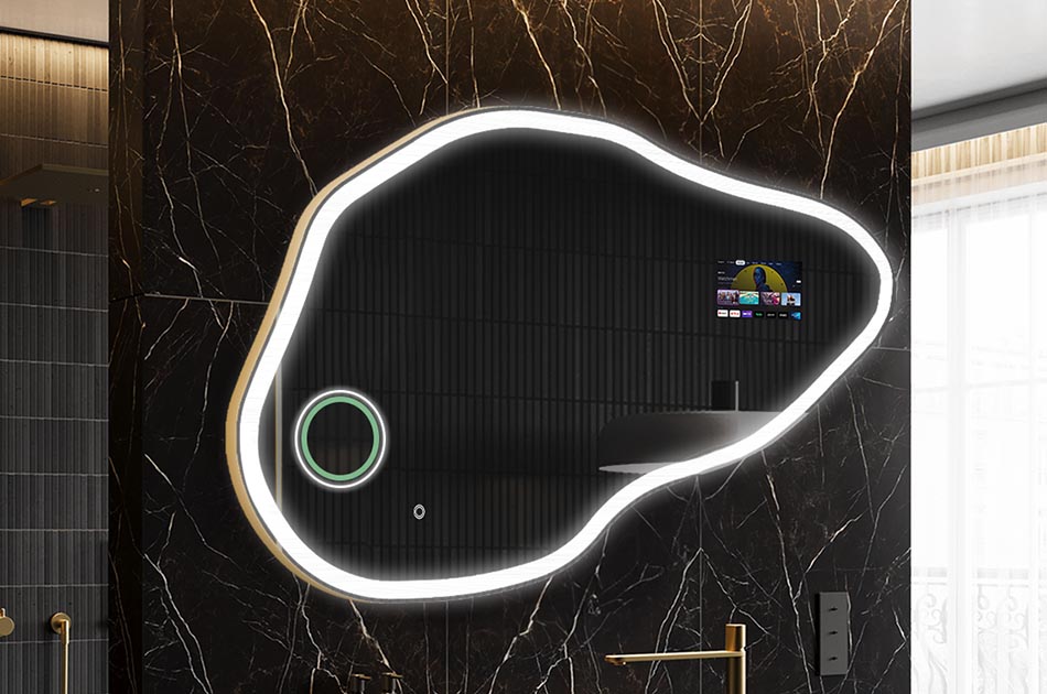 Uregelmæssigt LED-spejl med vejrdisplay og berøringspanel | ARTFORMA