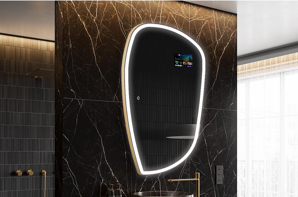 Uregelmæssigt LED-spejl med vejrdisplay og berøringspanel | ARTFORMA