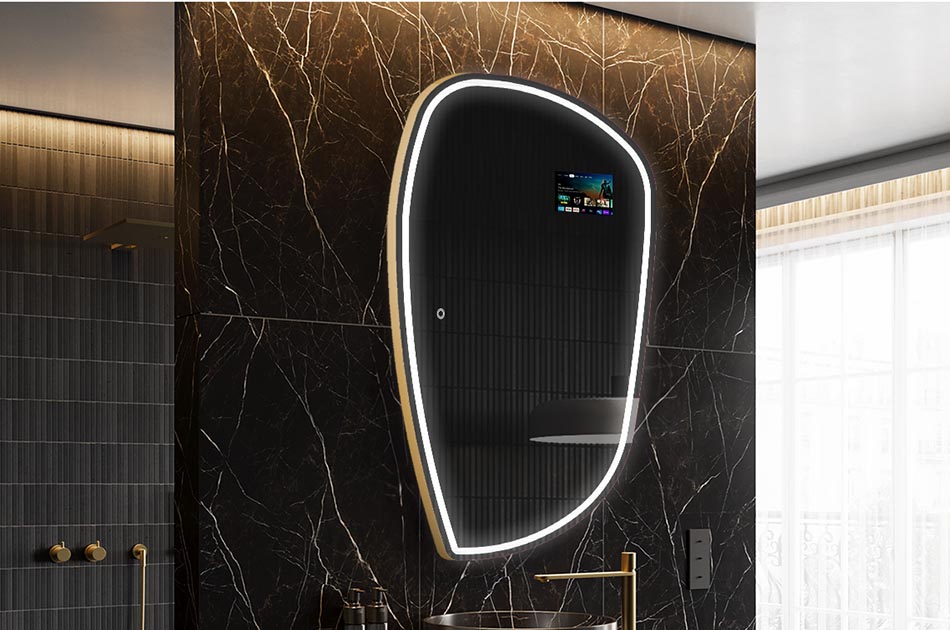 Uregelmæssigt LED-spejl med vejrdisplay og berøringspanel | ARTFORMA