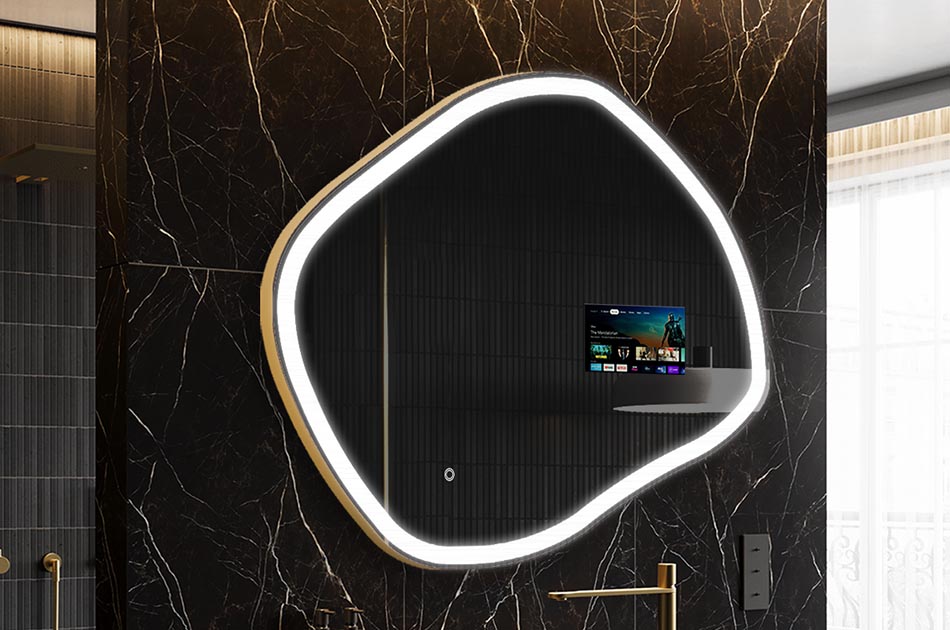 Uregelmæssigt LED-spejl med vejrdisplay og berøringspanel | ARTFORMA