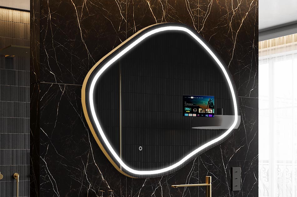Uregelmæssigt LED-spejl med vejrdisplay og berøringspanel | ARTFORMA