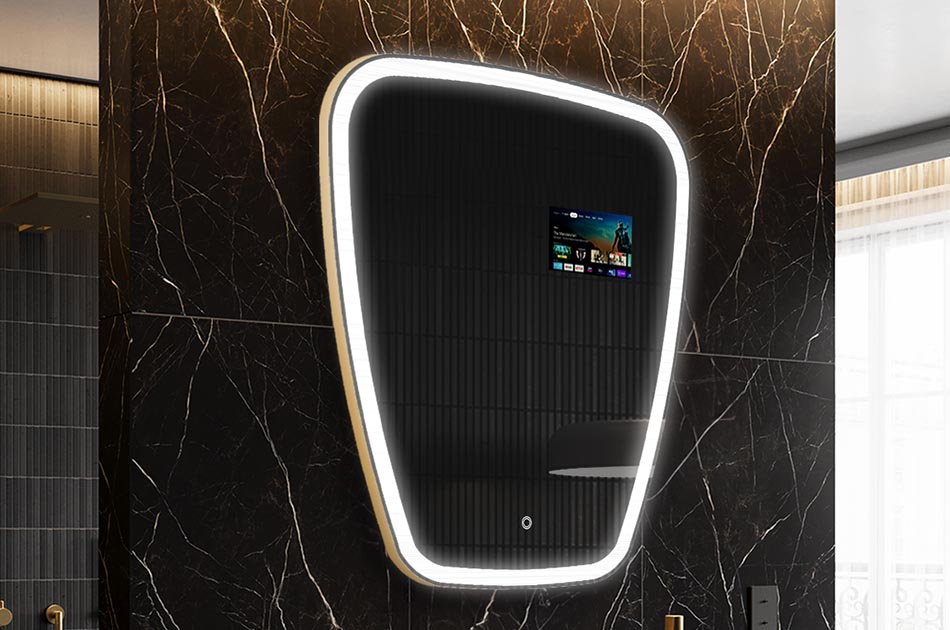 Uregelmæssigt LED-spejl med vejrdisplay og berøringspanel | ARTFORMA