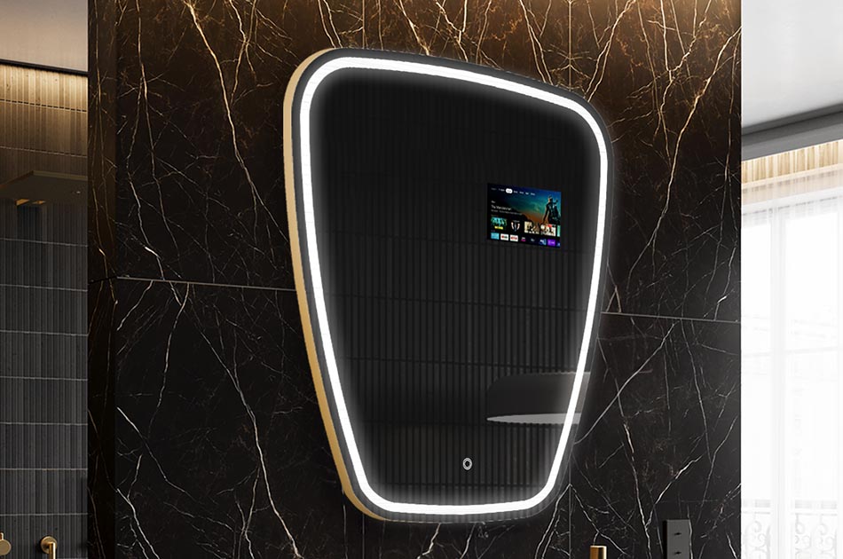 Uregelmæssigt LED-spejl med vejrdisplay og berøringspanel | ARTFORMA