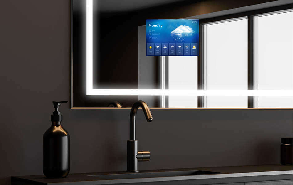 Du kan installere AccuWeather-appen på vores badeværelsesspejle, som viser den aktuelle vejrudsigt. Det er den bedste kilde til information, som 1,5 milliarder mennesker bruger hver dag. Hvis du lige har tjekket, at dagen ikke er egnet til lange gåture, kan du slappe af i et varmt bad med din yndlingsserie. Varmt vand, blød LED-belysning og en serie i høj kvalitet garanterer en god dag!