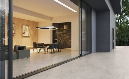 Glaseret porcelænsflise til gulv, 120 x 280 cm, grå stenlook, mat, A4H1129 Agathos Grey