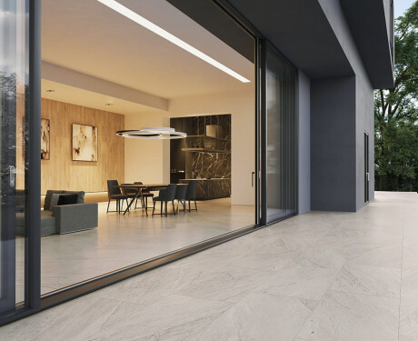 Glaseret porcelænsflise til gulv, 120 x 280 cm, grå stenlook, mat, A4H1129 Agathos Grey