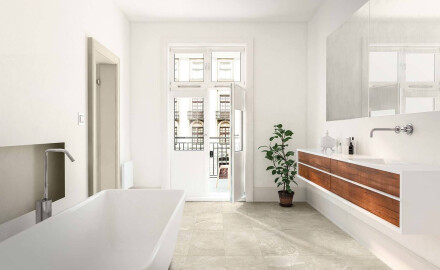 Gresfliser til gulvet, 60x120, lys grå med en varm beige nuance og årer, mat, A4H140 Ermetica Bianco