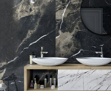 Storformat porcelænsflise, 120 x 270 cm, sort mat med gyldne årer, rektificeret, A4H196 Pierre Black