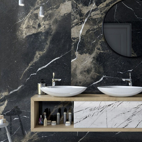 Storformat porcelænsflise, 120 x 270 cm, sort mat med gyldne årer, rektificeret, A4H196 Pierre Black #1