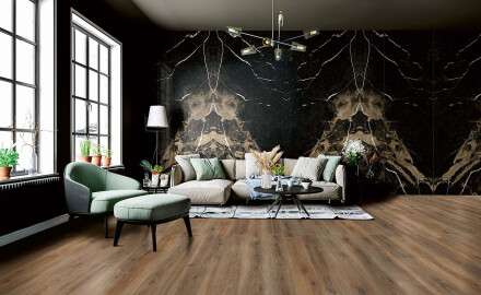 Storformat porcelænsflise til gulv, 120 x 280 cm, Bookmatch, sort, blank, med gyldne årer, rektificeret, A4H203 Pierre Black