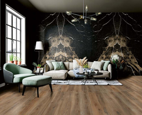 Storformat porcelænsflise til gulv, 120 x 280 cm, Bookmatch, sort, blank, med gyldne årer, rektificeret, A4H203 Pierre Black