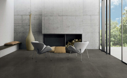Glaseret porcelænsflise til gulv, 60x120 cm, mørkegrå beton, mat, rektificeret, A4H327 Massive Dimgray