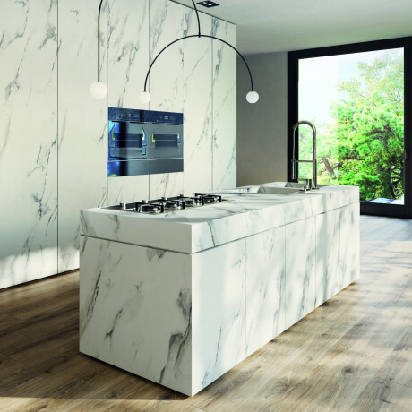 Storformat porcelænsfliser 120x280, hvid marmor med grå årer, blank overflade A4H462 Calacatta #2