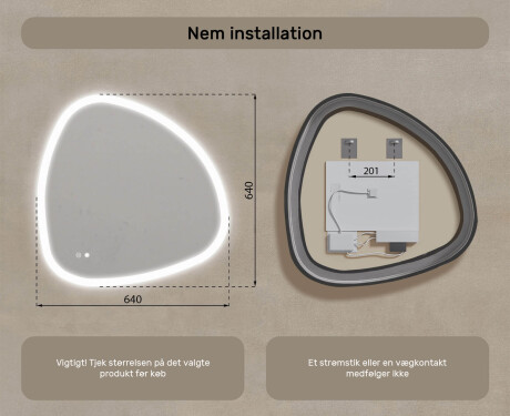 Uregelmæssigt spejl med belysning, tofarvet, touch‑knap, varmemåtte #8