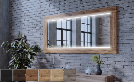 Rektangulær LED spejl med egetræsramme til væg L225