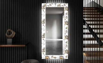 Dekorativt spejl med LED baggrundsbelysning til entreen - golden flowers