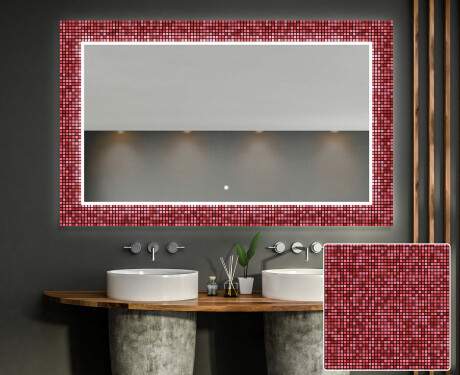 Designer spejl med lys til badeværelse - Red mosaic #1