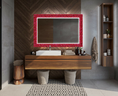 Designer spejl med lys til badeværelse - Red mosaic #12