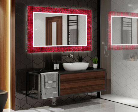 Designer spejl med lys til badeværelse - Red mosaic #2