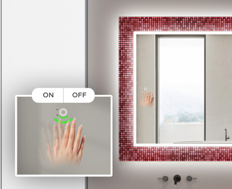 Designer spejl med lys til badeværelse - Red mosaic #5