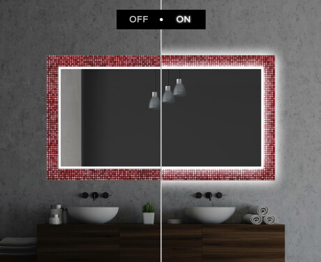 Designer spejl med lys til badeværelse - Red mosaic #7
