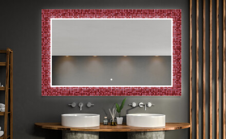 Designer spejl med lys til badeværelse - Red mosaic