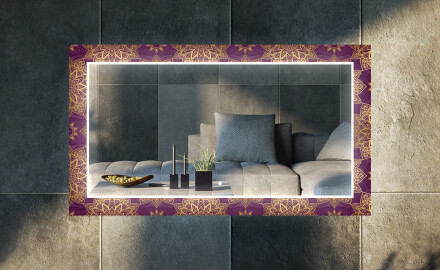 Dekorativt spejl med LED baggrundsbelysning til stuen - gold mandala