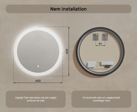 Rundt LED-lysbadværelsesspejl 60 cm med Dual color, Berøringskontakt #7