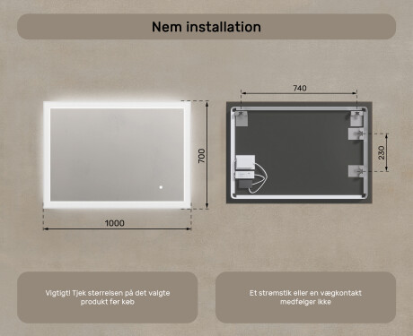 Firkantet LED-lysbadværelsesspejl 100x70 cm med Dual color, Berøringskontakt #7