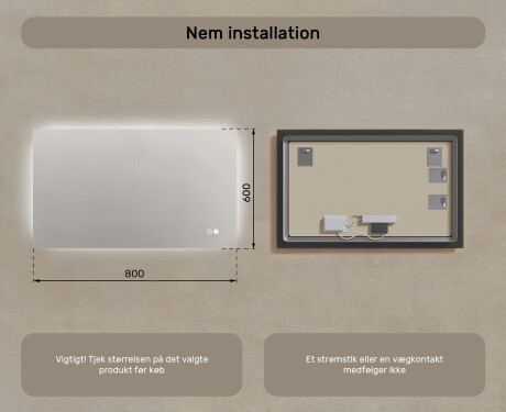 Rektangulært badeværelsesspejl med LED-belysning 80x60/60x80 cm, tofarvet, berøringskontakt, varmemåtte #7