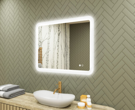 Afrundet badeværelsesspejl med LED-belysning, 80×60 cm, tofarvet, touch‑knap, varmemåtte