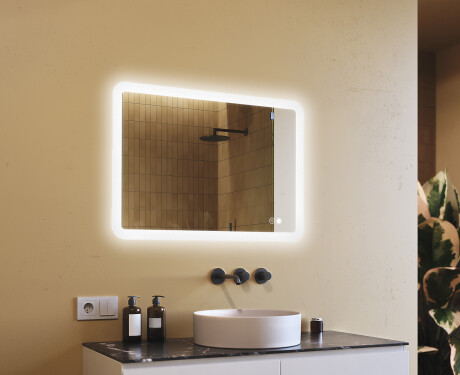 Afrundet badeværelsesspejl med LED‑belysning, 100×70 cm, tofarvet, touch‑knap, varmemåtte