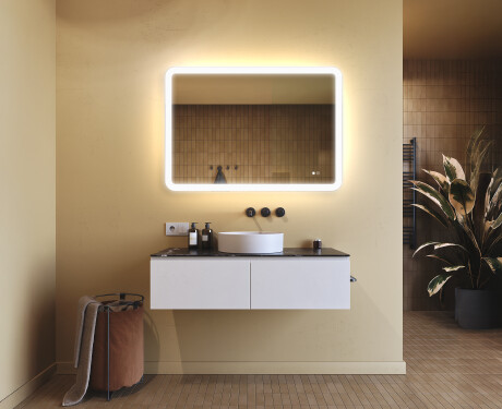 Afrundet badeværelsesspejl med LED‑belysning, 100×70 cm, tofarvet, touch‑knap, varmemåtte #9