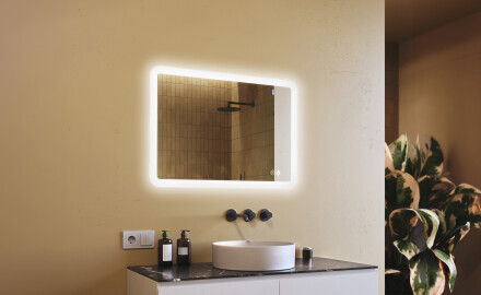 Afrundet badeværelsesspejl med LED‑belysning, 100×70 cm, tofarvet, touch‑knap, varmemåtte