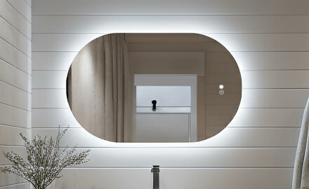 Ovalt spejl med LED-belysning 80x50/50x80 cm, tofarvet, berøringskontakt, varmemåtte