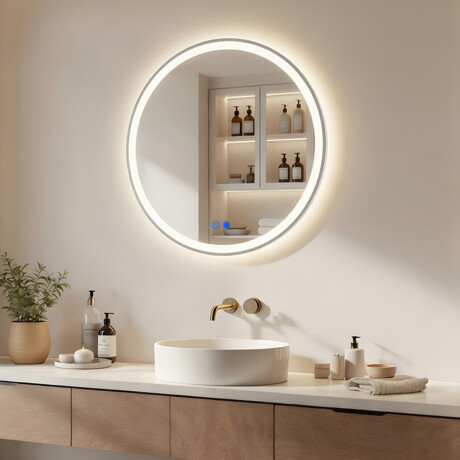 Rundt LED-oplyst spejl - 60/80 cm i en sølvfarvet aluminiumsramme #1